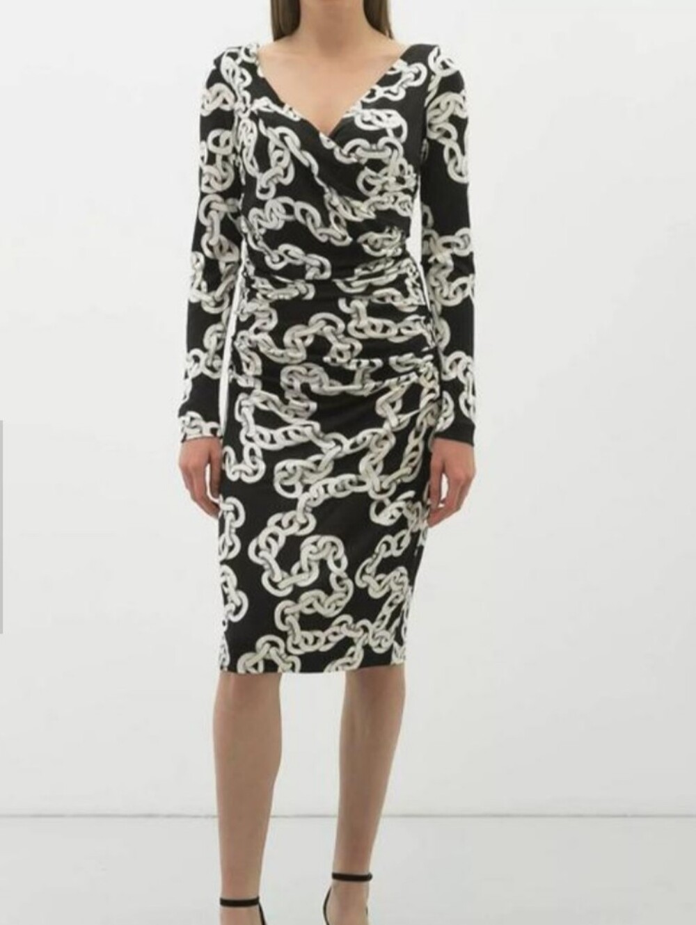 Diane Von Furstenberg Bentley Dress Chainlink Print Ruched Draped 100% Silk 8